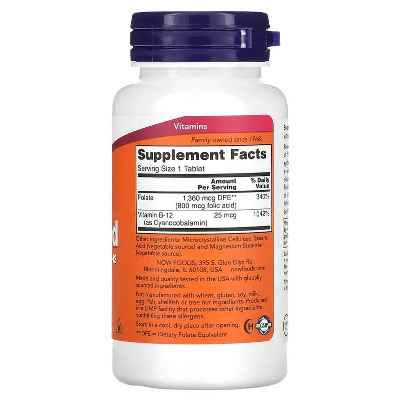 Folic Acid 800mg + Vitamin B12 (250) - Now Foods