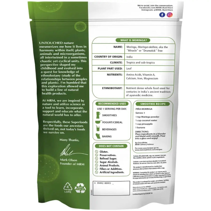 Organic Moringa Leaf Powder 240G - MRM Nutrition